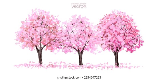 Vector watercolor blooming flower tree or forest side view isolated ofn white background for landscape and architecture drawing,elements for environment and garden,botanical for section in spring