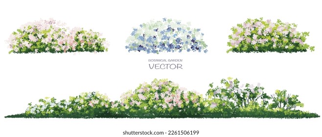 Vector watercolor blooming flower tree side view isolated on white background for landscape and architecture drawing, elements for environment and garden,botanical elements for section in spring 