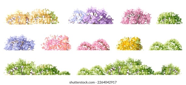 Vector watercolor blooming flower tree side view isolated on white background for landscape and architecture drawing, elements for environment and garden,botanical elements for section in spring 