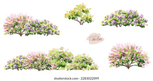 Vector watercolor blooming flower tree side view isolated on white background for landscape and architecture drawing, elements for environment and garden,botanical elements for section in spring 