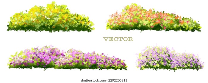 Vector watercolor blooming flower tree side view isolated on white background for landscape and architecture drawing, elements for environment and garden,botanical elements for section in spring 