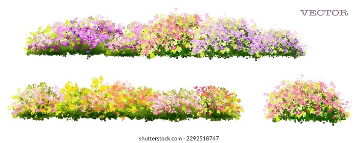 Vector watercolor blooming flower tree side view isolated on white background for landscape and architecture drawing, elements for environment and garden,botanical elements for section in spring 