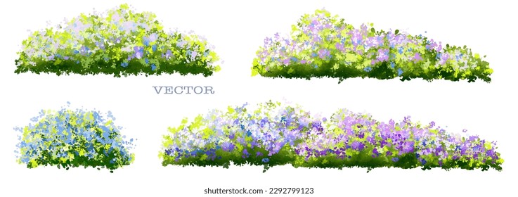 Vector watercolor blooming flower tree side view isolated on white background for landscape and architecture drawing, elements for environment and garden,botanical elements for section in spring 