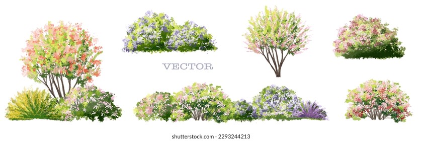 Vector watercolor blooming flower tree side view isolated for landscape and architecture drawing, elements for environment and garden,botanical elements for section in spring