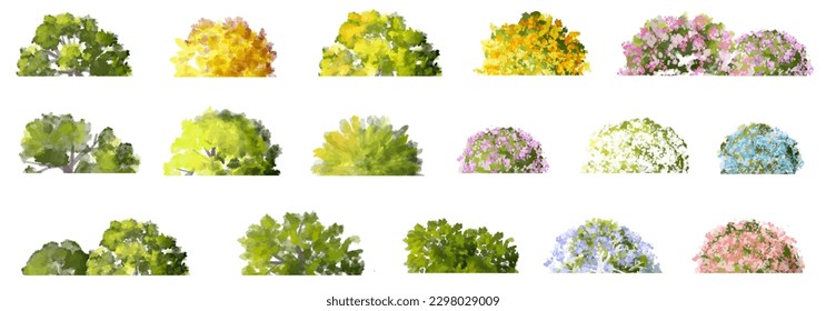 Vector watercolor blooming flower tree side view isolated for landscape and architecture drawing, elements for environment and garden,botanical elements for section in spring
