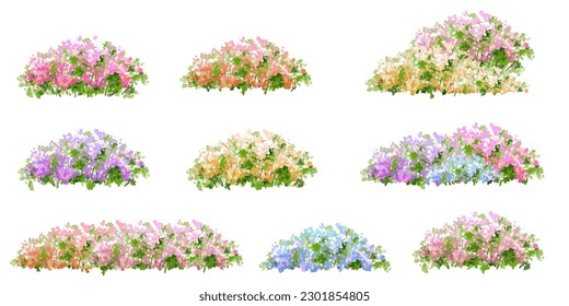 Vector watercolor blooming flower tree side view isolated for landscape and architecture drawing, elements for environment and garden,botanical elements for section in spring