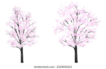 Vector watercolor blooming flower tree side view isolated for landscape and architecture drawing, elements for environment and garden,botanical elements for section in spring 