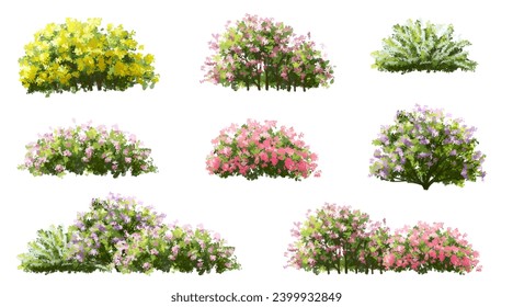 Vector watercolor blooming flower tree or forest side view isolated on white background for landscape and architecture drawing,elements for environment or and garden,blooming flowers for section