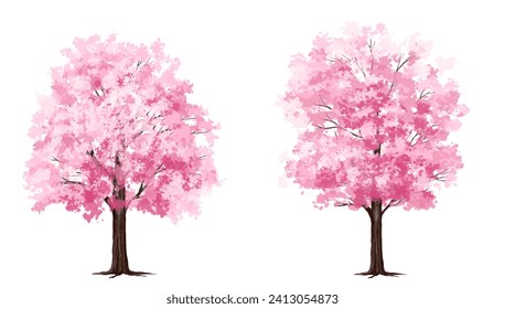 Vector watercolor blooming flower tree or forest side view isolated on white background for landscape and architecture drawing,elements for environment or and garden,Sakura tree for section ,Set of fl