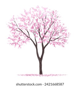 Vector watercolor blooming flower tree or forest side view isolated on white background for landscape and architecture drawing,elements for environment or and garden,Sakura tree for section