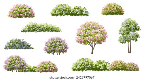 Vector acuarela floreciente árbol de flores o bosque vista lateral aislado en fondo blanco para el paisaje y el dibujo de la arquitectura, elementos para el medio ambiente o el jardín, arbusto para la sección, conjunto de flores