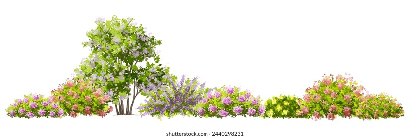 Vector watercolor blooming flower tree or forest side view isolated on white background for landscape and architecture drawing,elements for environment or and garden,shrub for section ,Set of floral,b