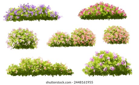 Vector acuarela flor floreciente árbol o vista lateral del bosque aislado en fondo blanco para el dibujo del paisaje y de la arquitectura, Elementos para el medio ambiente o y el jardín, arbusto para la sección, conjunto de floral, b