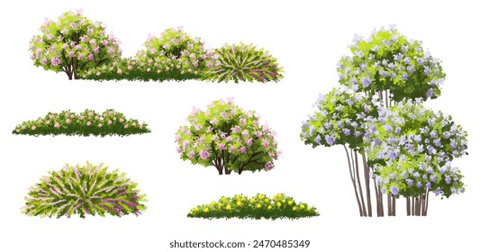 Vector acuarela flor floreciente árbol o vista lateral del bosque aislado en fondo blanco para el dibujo del paisaje y de la arquitectura, Elementos para el medio ambiente o y el jardín, arbusto para la sección, conjunto de floral, b