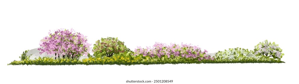  Vista lateral floreciente del árbol de flor o del bosque de la acuarela del Vector aislada en el fondo blanco para el dibujo del paisaje y de la arquitectura, Elementos para el ambiente o y el jardín, árbol para la sección 