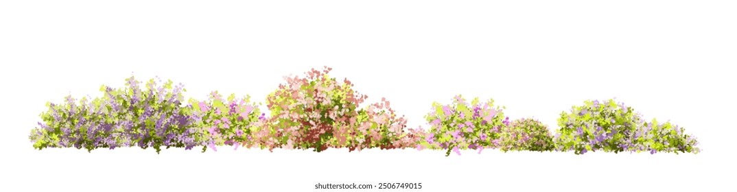  Vector watercolor blooming flower tree or meadow side view isolated on white background for landscape and architecture drawing,elements for environment or and garden,green tree for garden section 