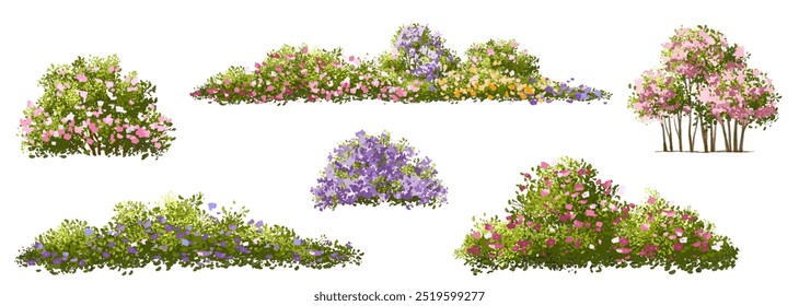  Vector watercolor blooming flower tree or forest side view isolated on white background for landscape and architecture drawing,elements for environment or and garden,green tree for garden section 