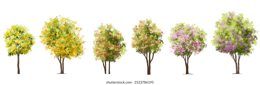  Vector watercolor blooming flower tree or forest side view isolated on white background for landscape and architecture drawing,elements for environment or and garden,green tree for garden section 