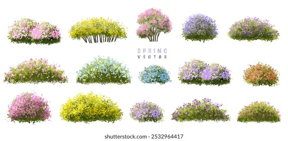  Vista lateral floreciente del árbol de flor o del bosque de la acuarela del Vector aislada en el fondo blanco para el dibujo del paisaje y de la arquitectura, Elementos para el ambiente o y el jardín, árbol verde para la sección del jardín 