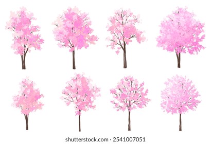  Vector watercolor blooming flower tree or forest side view isolated on white background for landscape and architecture drawing,elements for environment or and garden,Sakura tree for section