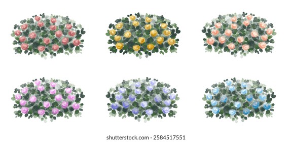  Vector watercolor blooming flower tree or forest side view isolated on white background for landscape and architecture drawing,elements for environment or and garden,green tree for garden section 