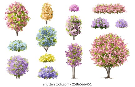  Vector watercolor blooming flower tree or forest side view isolated on white background for landscape and architecture drawing,elements for environment or and garden,green tree for garden section 