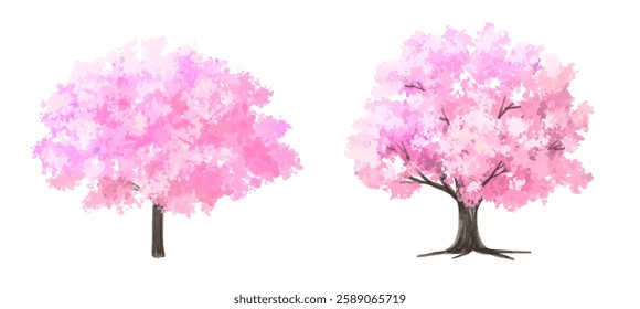  Vector watercolor blooming flower tree or cherry blossom side view isolated on white background for landscape and architecture drawing,elements for environment and garden,Sakura tree for section