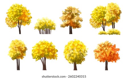  Vector watercolor blooming flower tree or forest side view isolated on white background for landscape and architecture drawing,elements for environment or and garden,green tree for garden section 