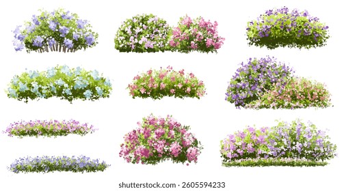  Vector watercolor blooming flower tree or forest side view isolated on white background for landscape and architecture drawing,elements for environment or and garden,green tree for garden section 