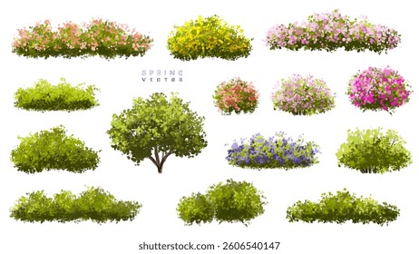  Vector watercolor blooming flower tree or forest side view isolated on white background for landscape and architecture drawing,elements for environment or and garden,green tree for garden section 