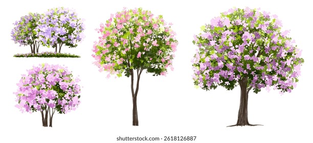  Vector watercolor blooming flower tree or forest side view isolated on white background for landscape and architecture drawing,elements for environment or and garden,green tree for garden section 