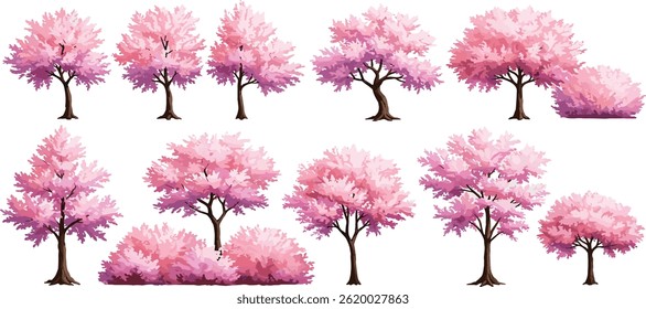 Acuarela de Vector floreciente árbol de flores o vista lateral del bosque aislado sobre fondo blanco
