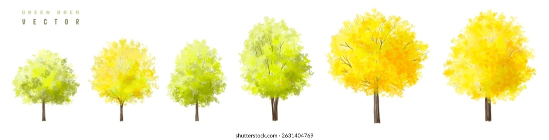  Vector watercolor blooming flower tree or forest side view isolated on white background for landscape and architecture drawing,elements for environment or and garden,greenwood tree for garden section