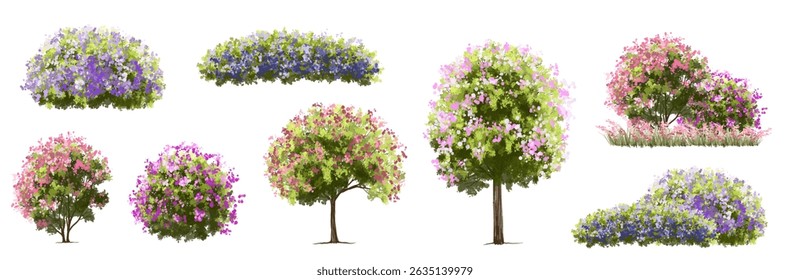  Vector watercolor blooming flower tree or forest side view isolated on white background for landscape and architecture drawing,elements for environment or and garden,green tree for garden section 
