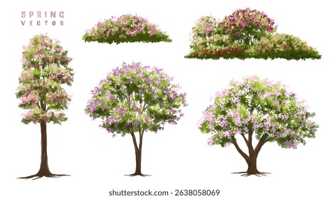  Vector watercolor blooming flower tree or forest side view isolated on white background for landscape and architecture drawing,elements for environment or and garden,green tree for garden section 