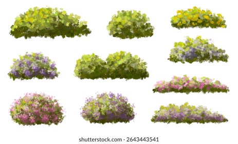  Vista lateral floreciente del árbol de flor o del bosque de la acuarela del Vector aislada en el fondo blanco para el dibujo del paisaje y de la arquitectura, Elementos para el ambiente o y el jardín, árbol verde para la sección del jardín 