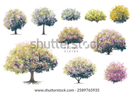  Vector watercolor blooming flower tree or forest side view isolated on white background for landscape and architecture drawing,elements for environment or and garden,green tree for garden section 