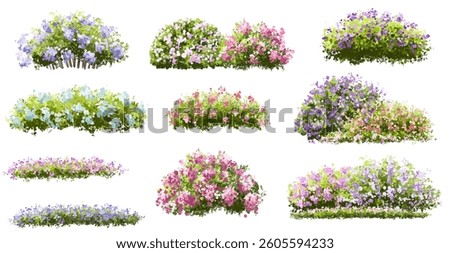  Vector watercolor blooming flower tree or forest side view isolated on white background for landscape and architecture drawing,elements for environment or and garden,green tree for garden section 