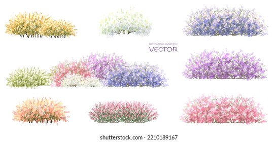 Flor floreciente de acuarela vectorial, vista lateral de árbol o bosque aislada en fondo blanco para el paisaje y el dibujo arquitectónico, elementos para el medio ambiente o el jardín, botánico para sección en primavera