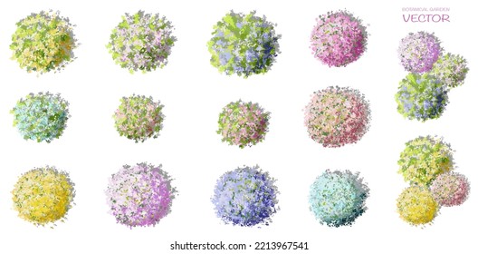 Vector watercolor blooming flower,tree or forest top view isolated on white background for landscape and architecture drawing,elements for environment or and garden,botanical for section in spring 