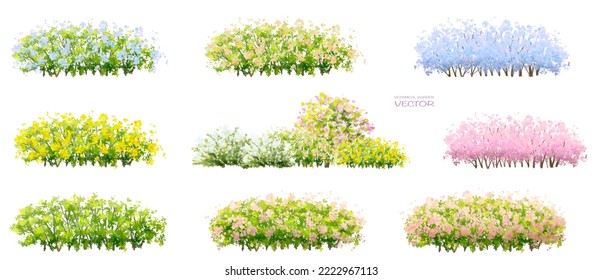 Vector watercolor blooming flower,tree or forest side view isolated on white background for landscape and architecture drawing,elements for environment and garden,botanical for section in spring 