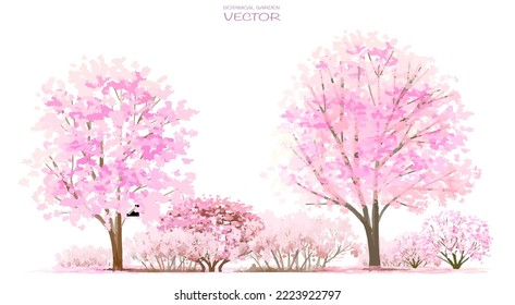 Flor floreciente de acuarela vectorial, vista lateral de árbol o bosque aislada en fondo blanco para el paisaje y el dibujo arquitectónico, elementos para el medio ambiente y el jardín, botánico para sección en primavera 