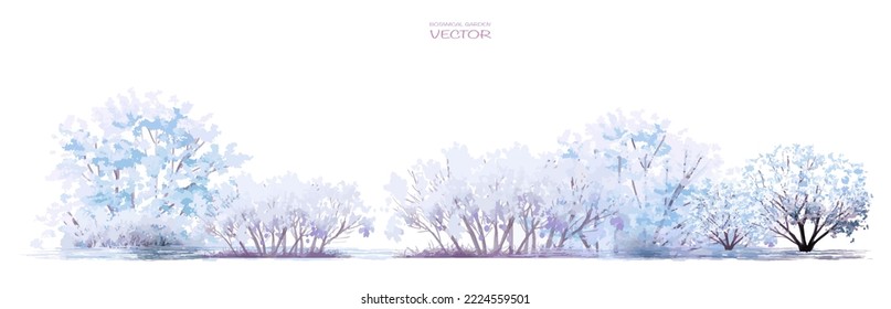 Vector watercolor blooming flower,tree or forest side view isolated on white background for landscape and architecture drawing,elements for environment and garden,botanical for section in winter  