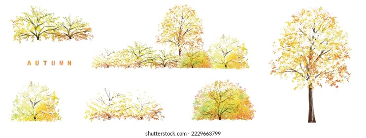 Vector watercolor blooming flower,tree or forest side view isolated on white background for landscape and architecture drawing,elements for environment and garden,botanical for section in autumn