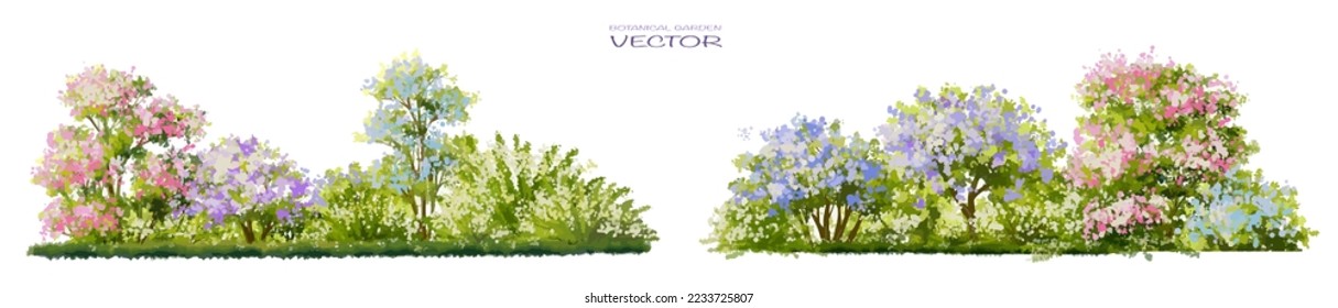 Flor floreciente de acuarela vectorial, vista lateral de árbol o bosque aislada en fondo blanco para el paisaje y el dibujo arquitectónico, elementos para el medio ambiente y el jardín, botánico para sección en primavera