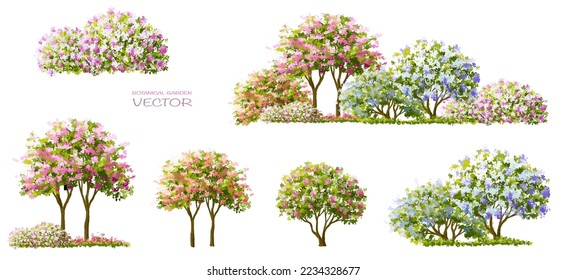 Vector watercolor blooming flower,tree or forest side view isolated on white background for landscape and architecture drawing,elements for environment and garden,botanical for section in spring