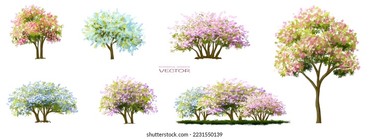 Vector watercolor blooming flower,tree or grass side view isolated on white background for landscape and architecture drawing,elements for environment and garden,botanical for section in spring