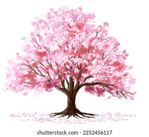 Vector watercolor blooming Sakura tree side view isolated on white background for landscape and architecture drawing, elements for environment and garden,botanical elements for section in spring