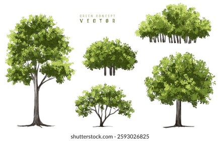 Vector watercolor of blooming tree side view isolated on white background for landscape plan and architecture drawing, elements for environment and garden,botanical elements