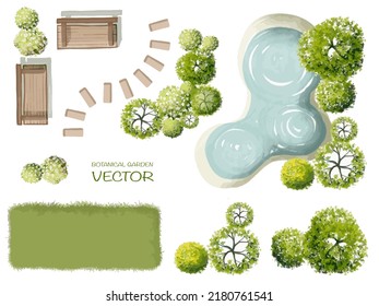 Vector watercolor of blooming tree top view isolated on white background for landscape plan and architecture drawing, elements for environment and garden,botanical elements 